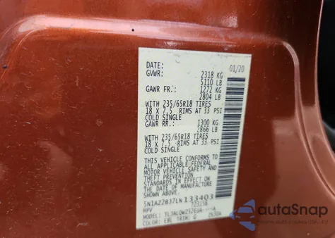 2020 Nissan Murano Sv z USA, uszkodzony, nr VIN 5N1AZ2BJ7LN133403